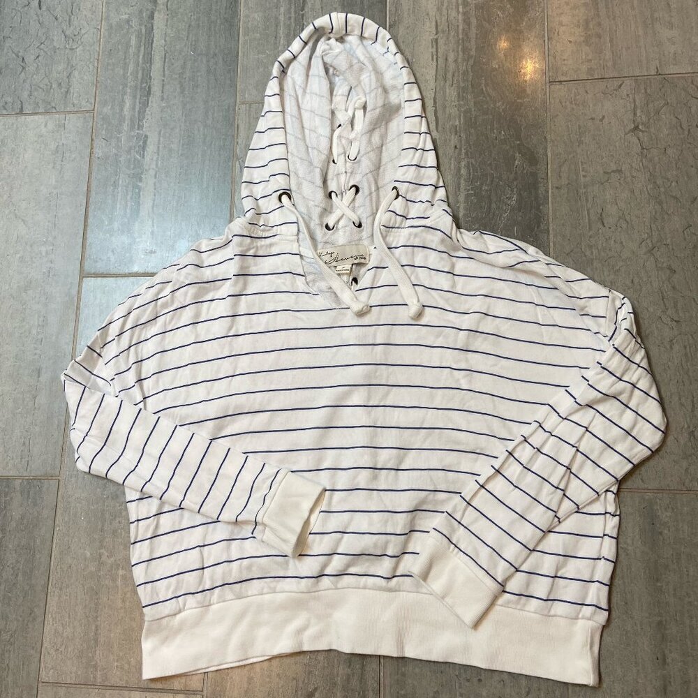 Vintage Havana Striped V-Neck Lightweight Boxy Hoodie Sweatshirt Size Medium
